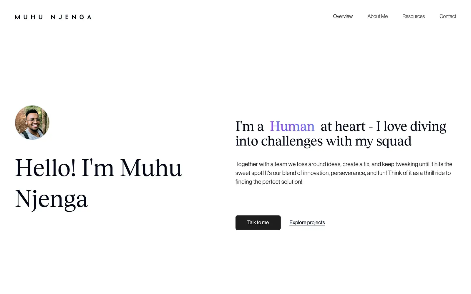 Muhu Njenga portfolio home page with the greeting Hello! I'm Muhu Njenga