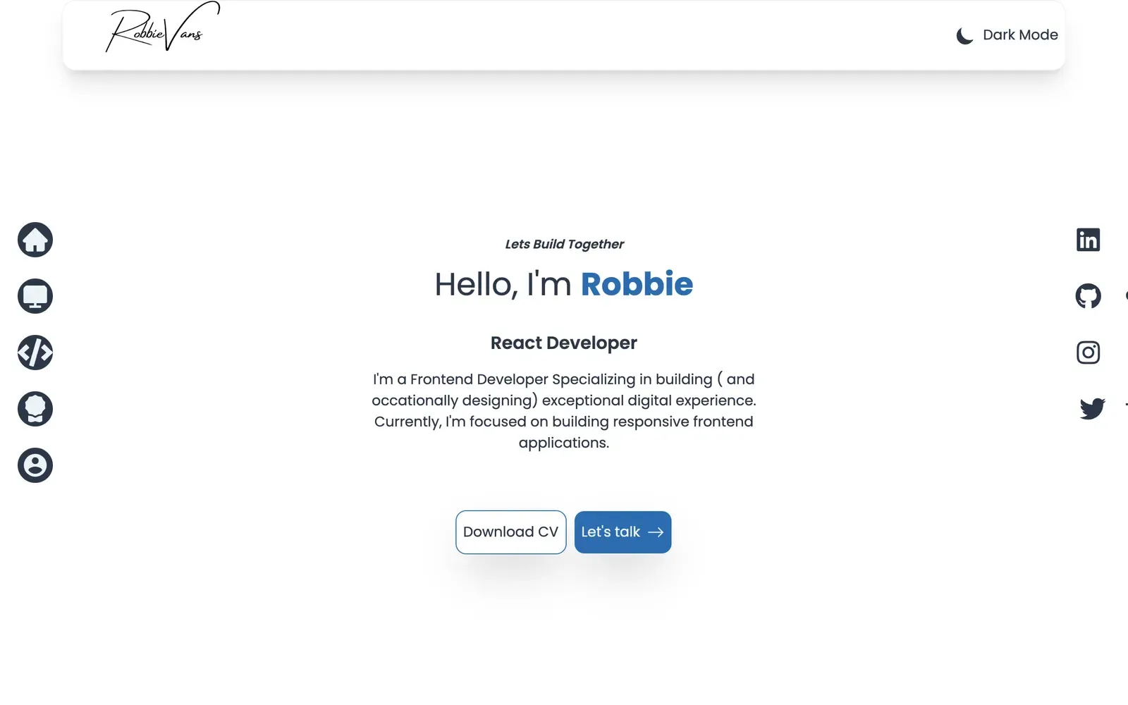 First portfolio home page with the greeting Hello, I'm Robbie