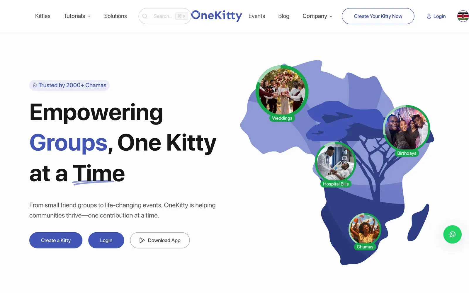 OneKitty home page with a map of Africa and the headline Empowering Groups, One Kitty at a Time