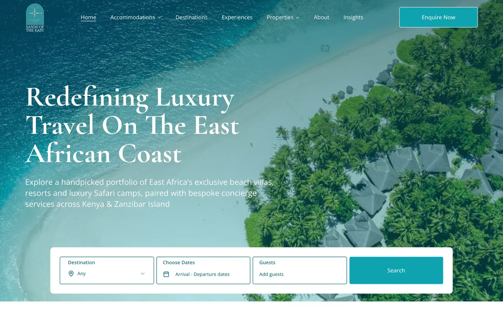 Sands of the East home page with an aerial beach view and a booking search bar
