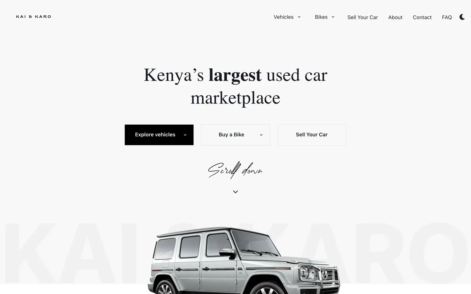 Kai & Karo home page with the headline Kenya's largest used car marketplace