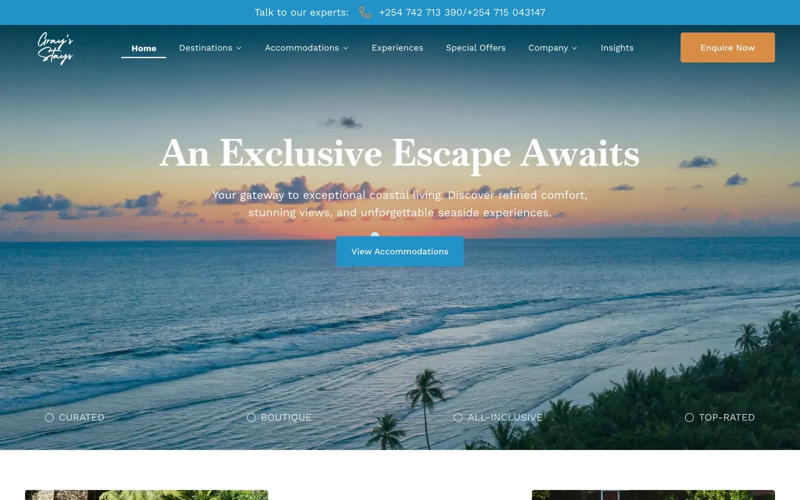 Grays Stays home page with a coastal sunset and the headline An Exclusive Escape Awaits