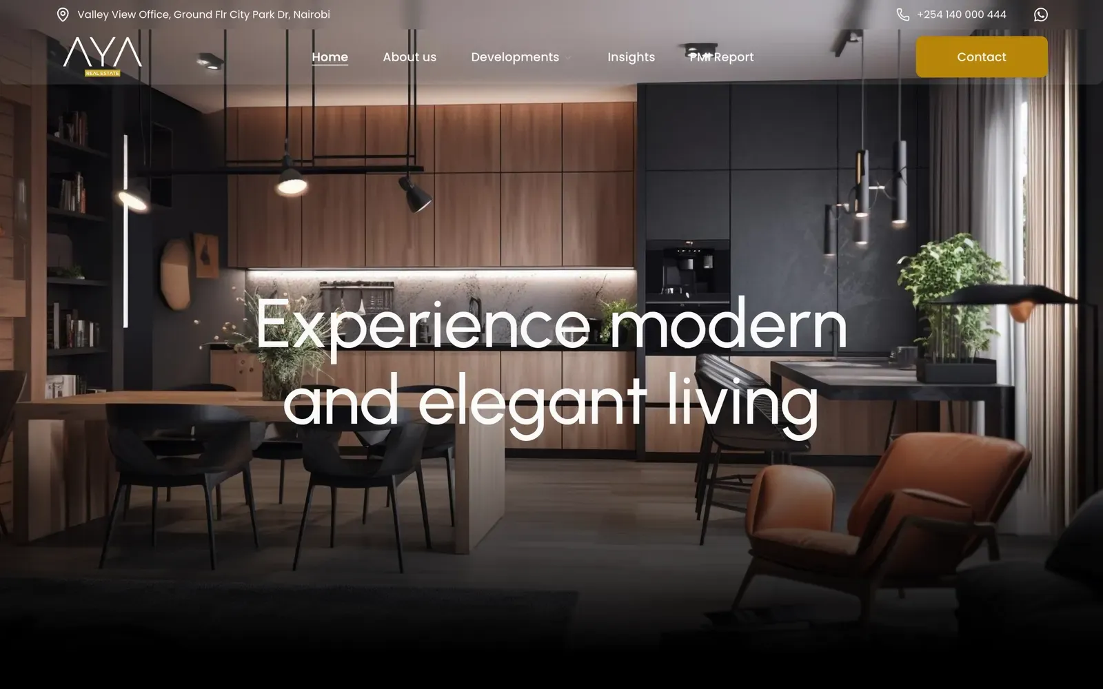 AYA Real Estate home page with a dark modern kitchen interior