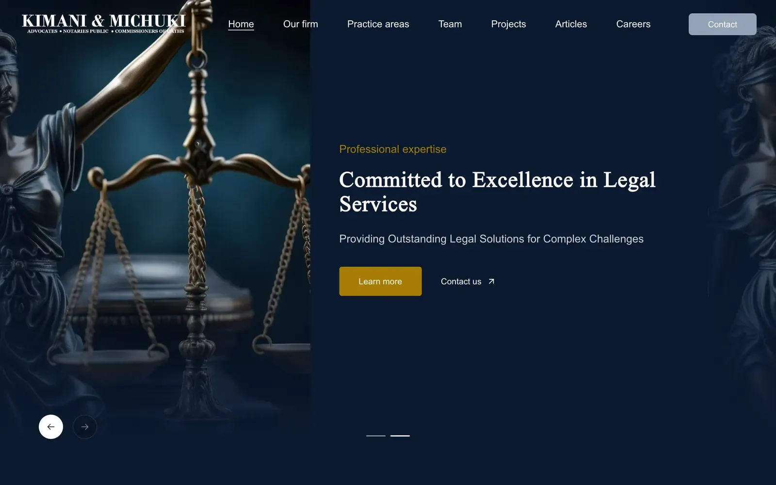 Kimani & Michuki Advocates home page with a statue of Lady Justice