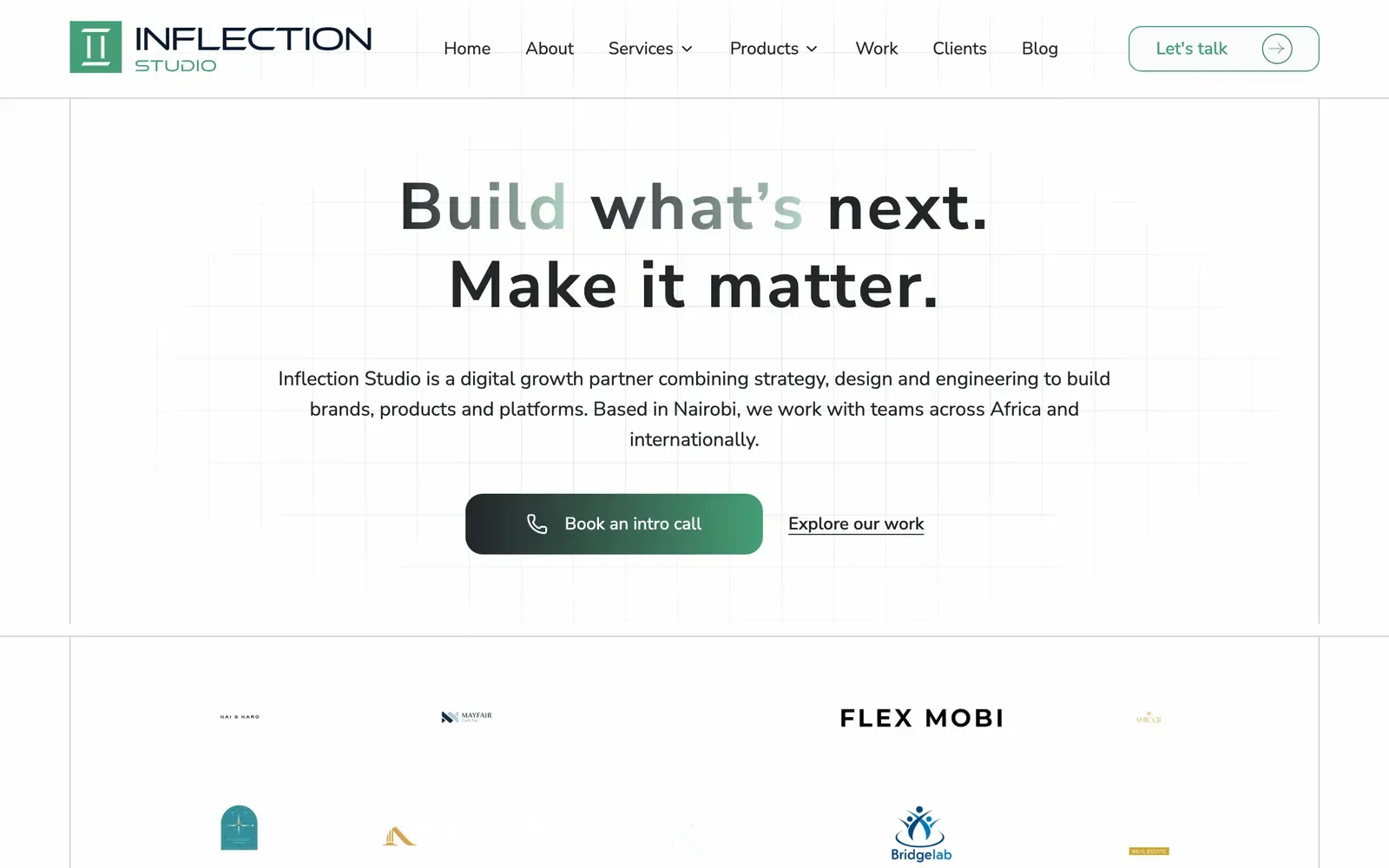 Inflection Studio home page with the headline Build what's next. Make it matter.