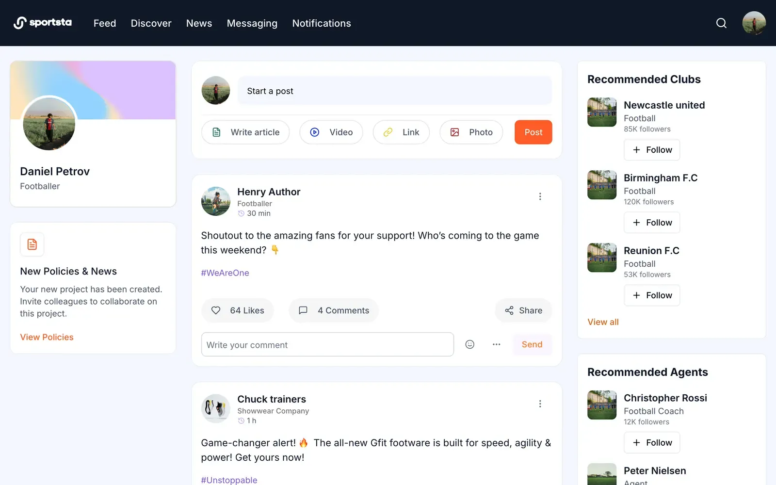 Sportsta feed with posts, recommended clubs and recommended agents