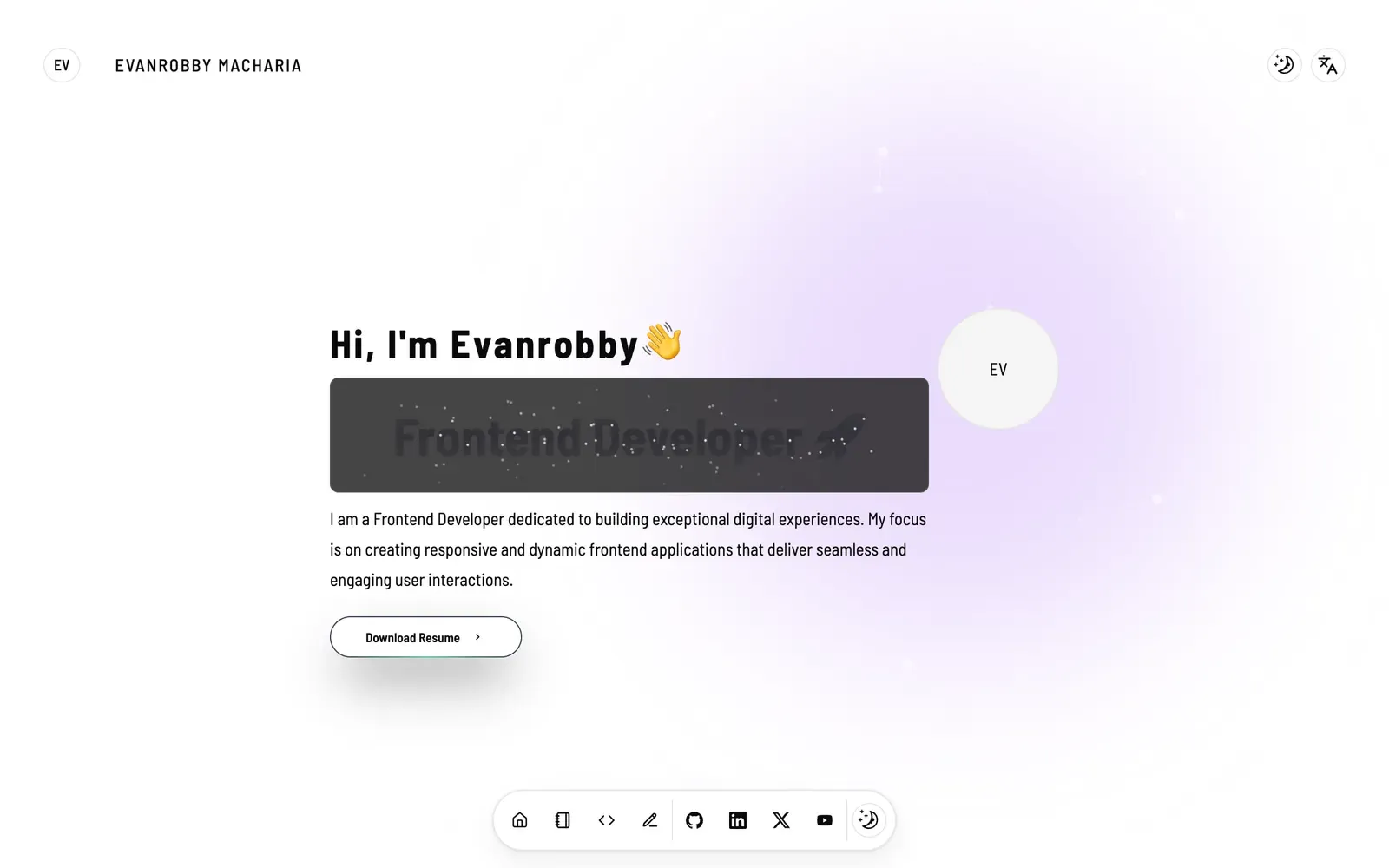 Previous portfolio home page with the greeting Hi, I'm Evanrobby