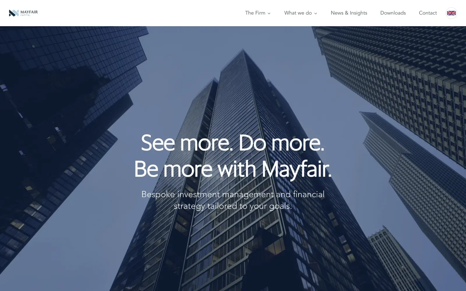 Mayfair Capital home page with skyscrapers and the headline See more. Do more. Be more with Mayfair.
