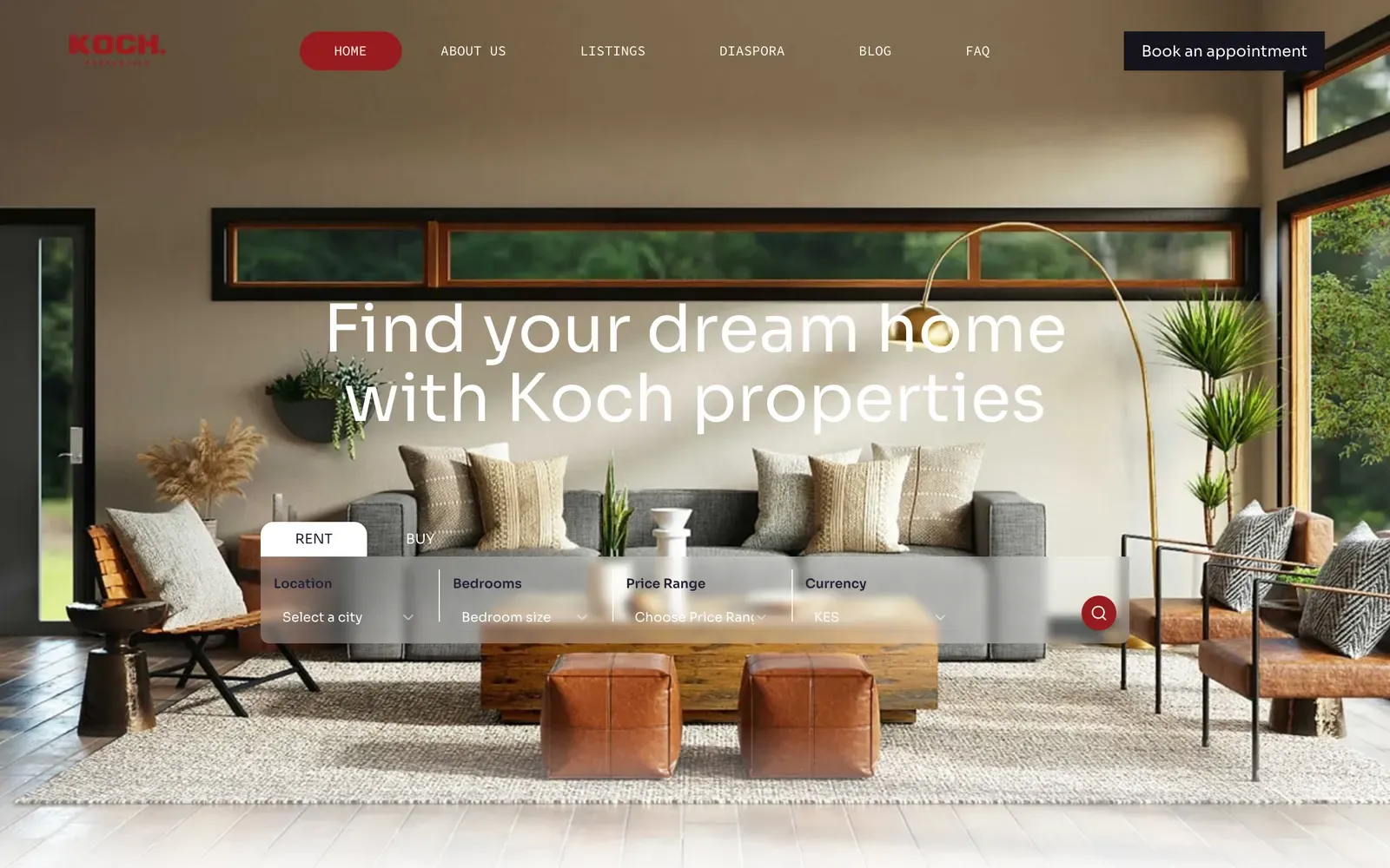 Koch Properties home page with a living room and a property search bar