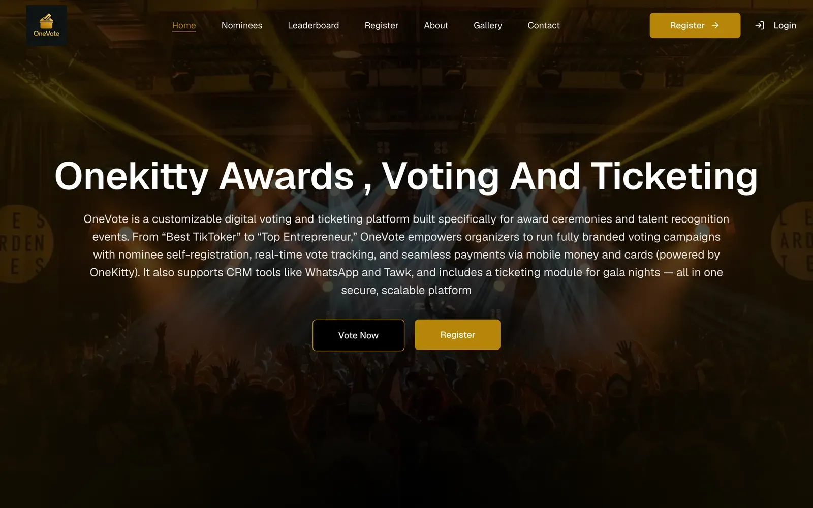 OneVote home page with the headline Onekitty Awards, Voting And Ticketing
