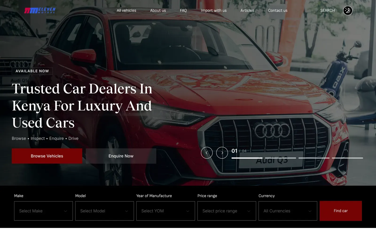 Eleven Motors home page with a red Audi and a vehicle search bar