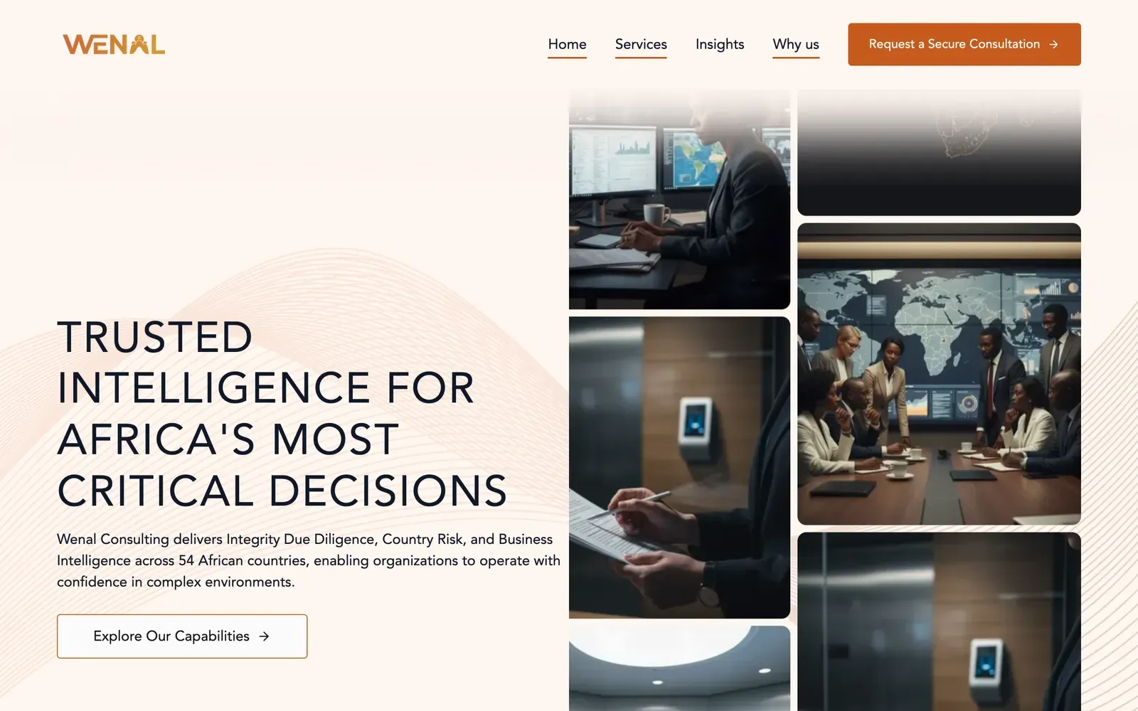 Wenal Consulting home page with the headline Trusted Intelligence for Africa's Most Critical Decisions