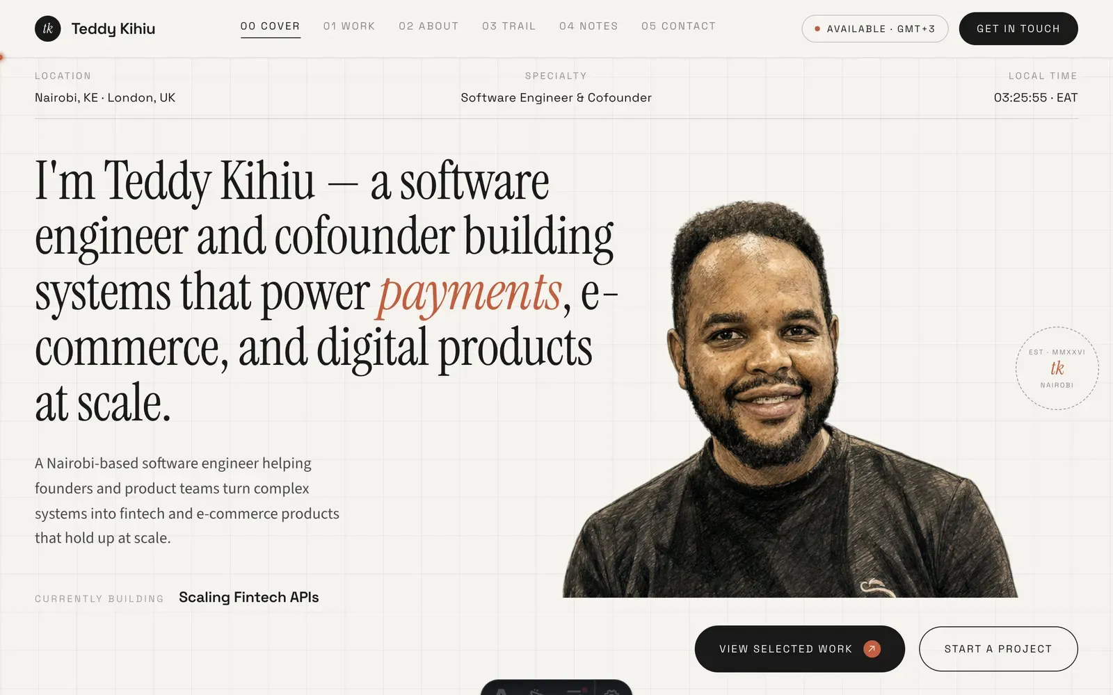 Teddy Kihiu portfolio home page with his portrait and introduction