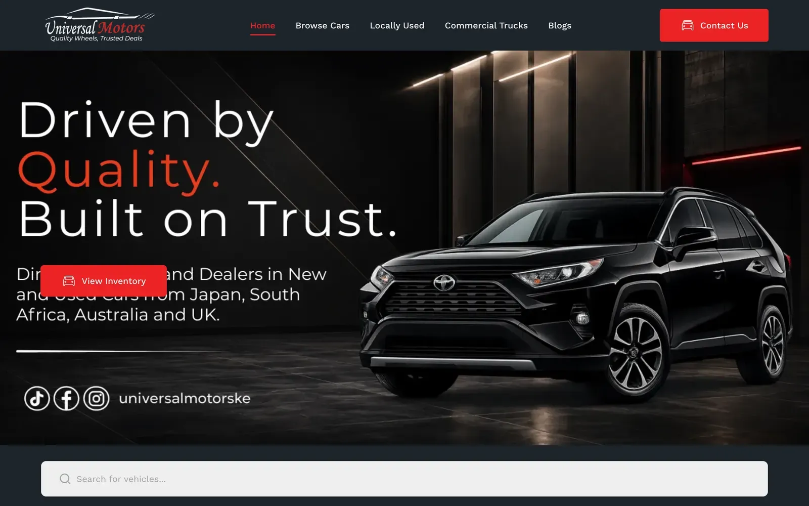 Universal Motors home page with a black SUV and the headline Driven by Quality