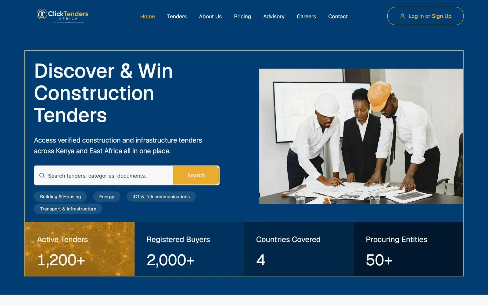 Click Tenders Africa home page with a tender search bar and live marketplace stats