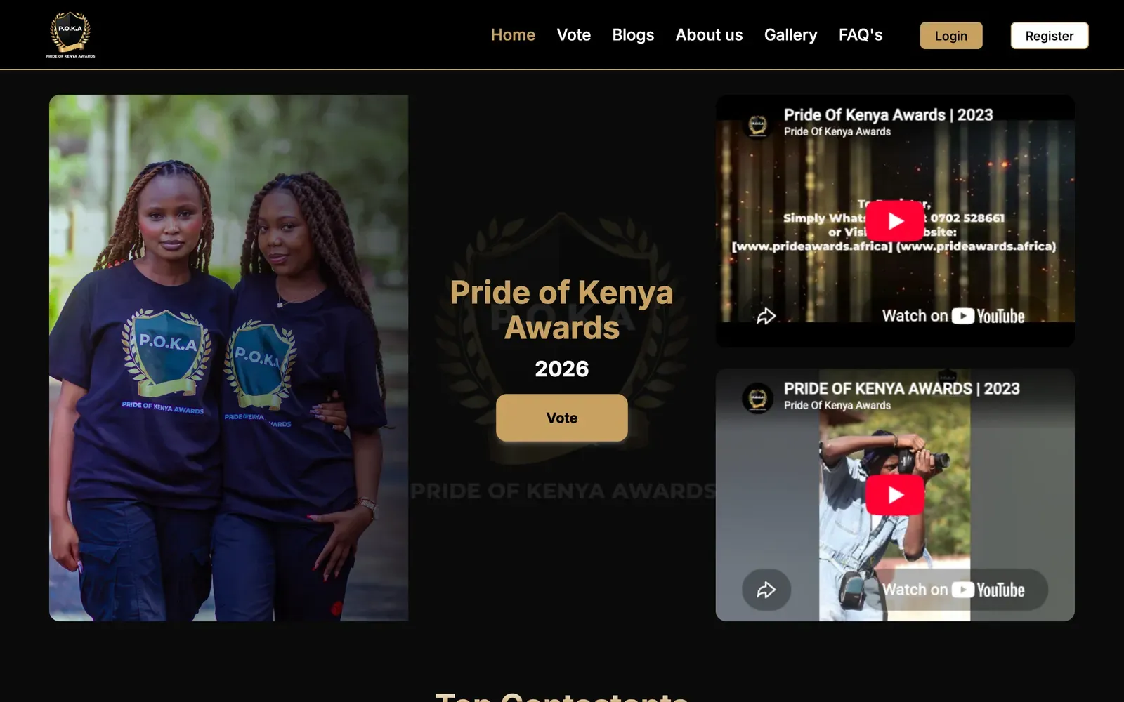 Pride of Kenya Awards home page with nominees and a vote button