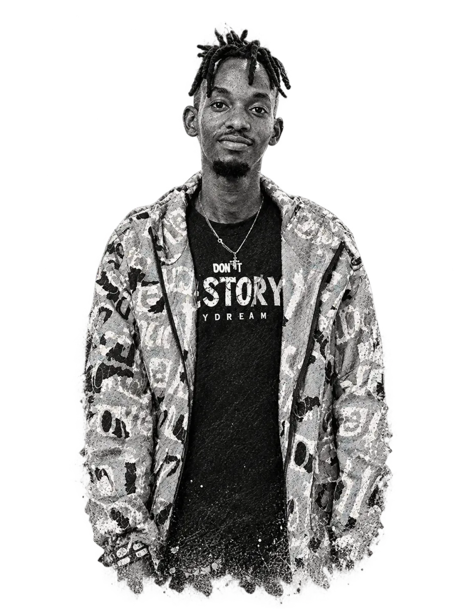 Sketch-style portrait of Evanrobby Macharia in a patterned jacket