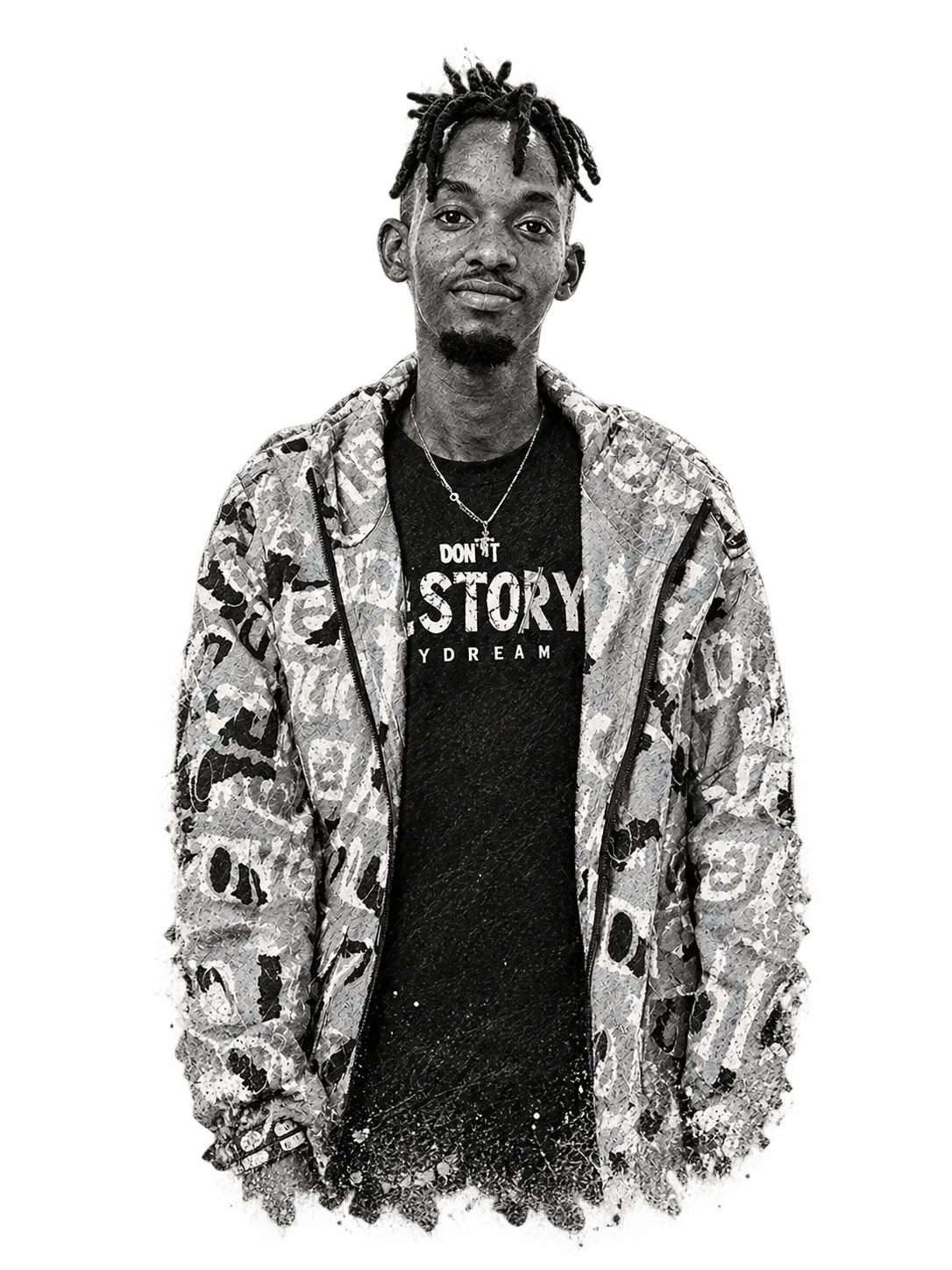 Sketch-style portrait of Evanrobby Macharia in a patterned jacket
